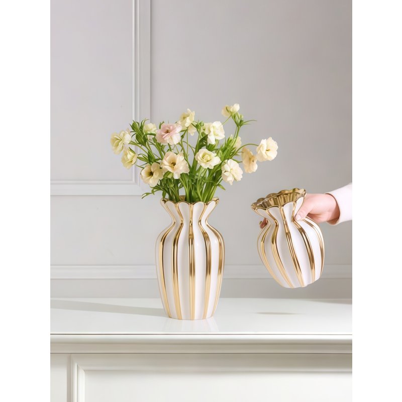 1PC Ceramic Vase With Petal Mouth And Gold Striped Design