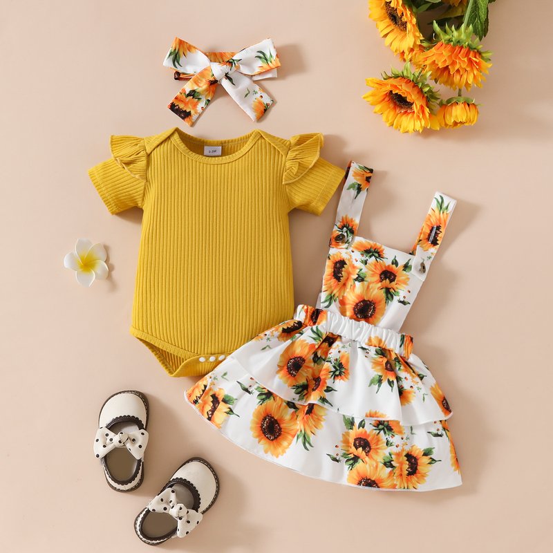 Mother&Kids Baby girl summer short-sleeved top with suspenders skirt casual girl flower fruit casual skirt set