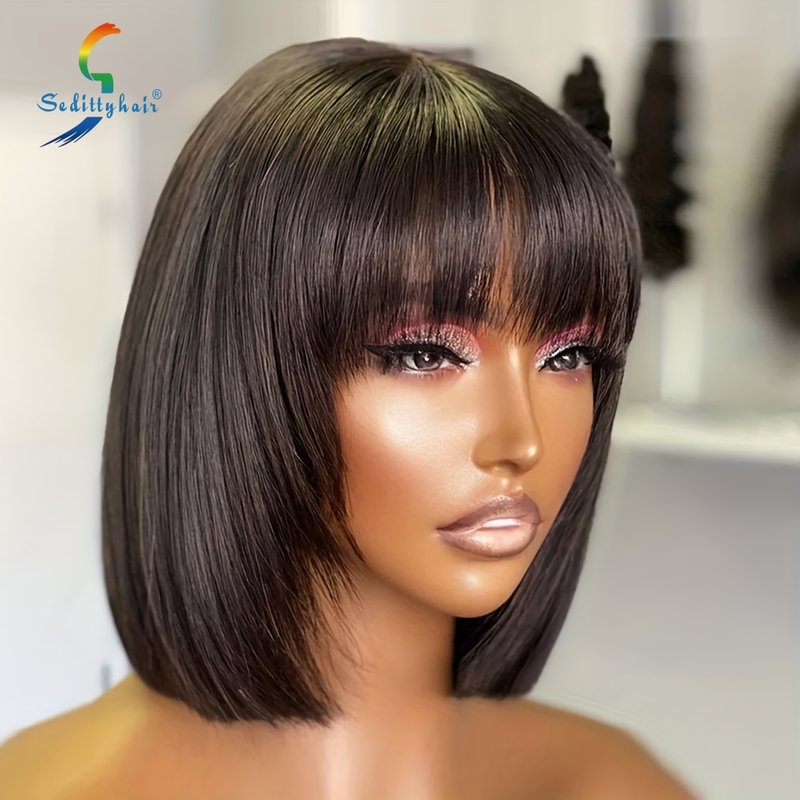 Short Bob Cut Wigs With Bangs Straight Human Hair Wigs Glueless Straight Braizilian Human Hair Wigs For Women 8-14 Inch