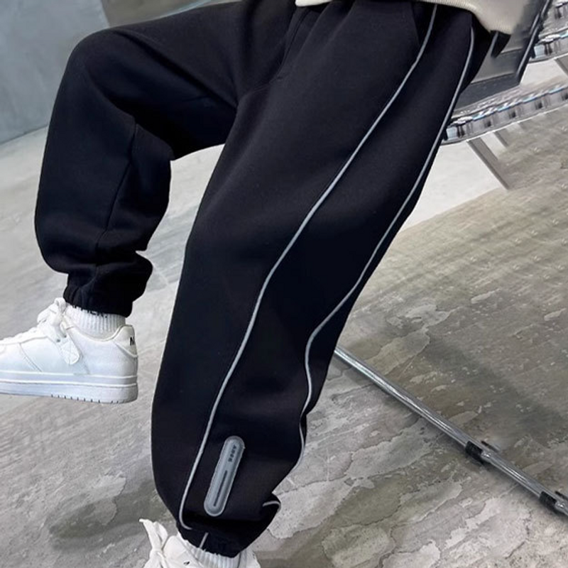 Kids Clothing Sports Pants Spring And Autumn Plus Velvet Thickened Trousers Medium And Large Reflective Sweatpants