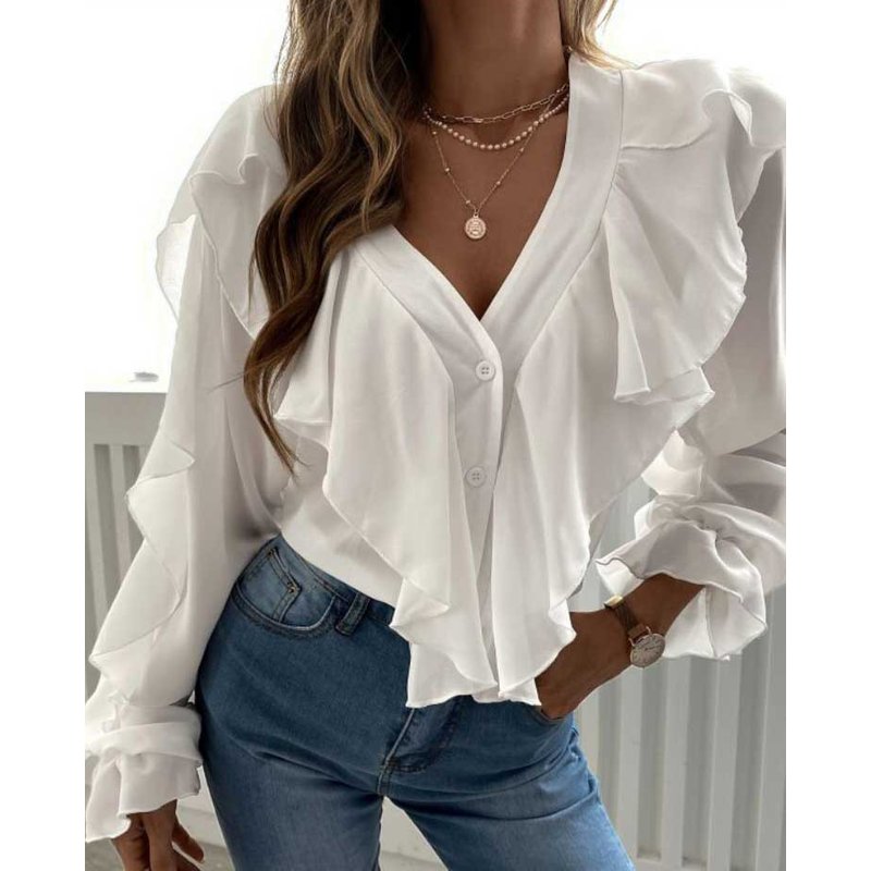 Women's clothing autumn and winter V-neck ruffle top shirt long sleeves