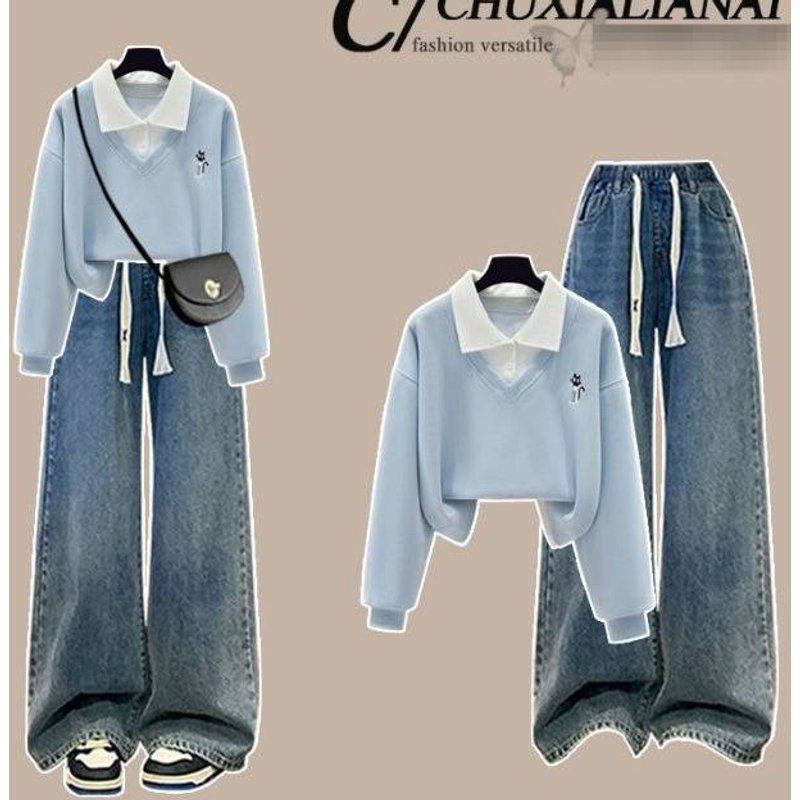 ​​Women's College Style Loose Top & Elastic Waist Jeans Set – Trendy Two-Piece Outfit For Casual Comfort​​