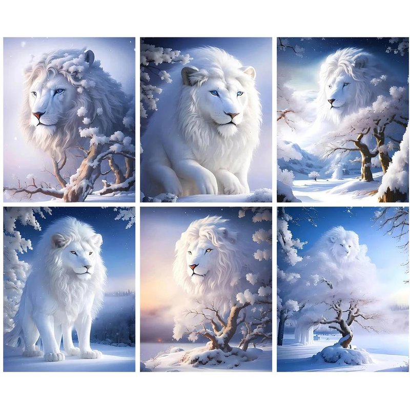 PhotoCustom Round Diamond White Lion Animal Diamond Embroidery Living Room Decoration Artwork