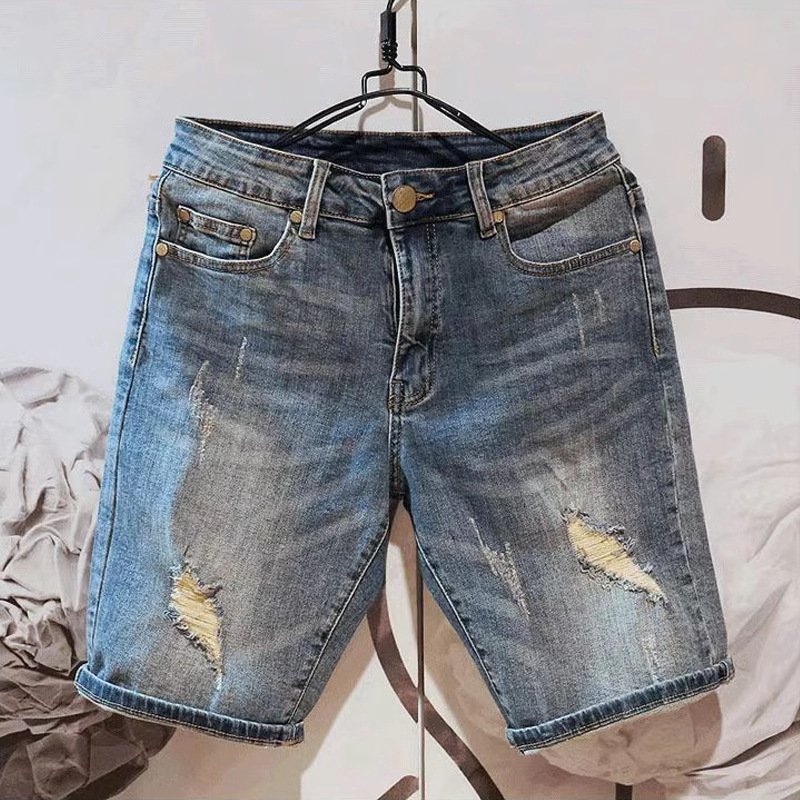 Men's Clothing Retro Ripped Denim Shorts Loose Straight ShortsThin Mid Length Pants
