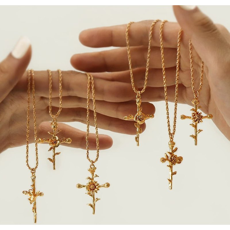 Halloween December Flower Necklace Cross Birth Flower Necklace Flower Mother's Day Three dimensional Vacuum Color Preservation