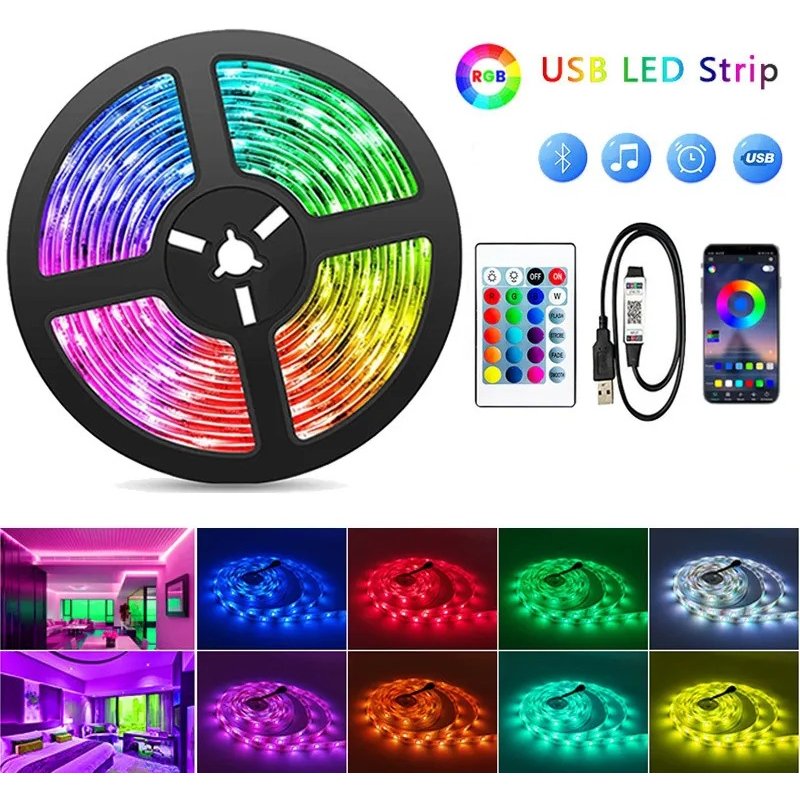 Bande lumineuse LED RVB 5050 avec télécommande Bluetooth 24 touches, rétroéclairage autocollant alimenté par USB pour TV, jeux et décoration intérieure.