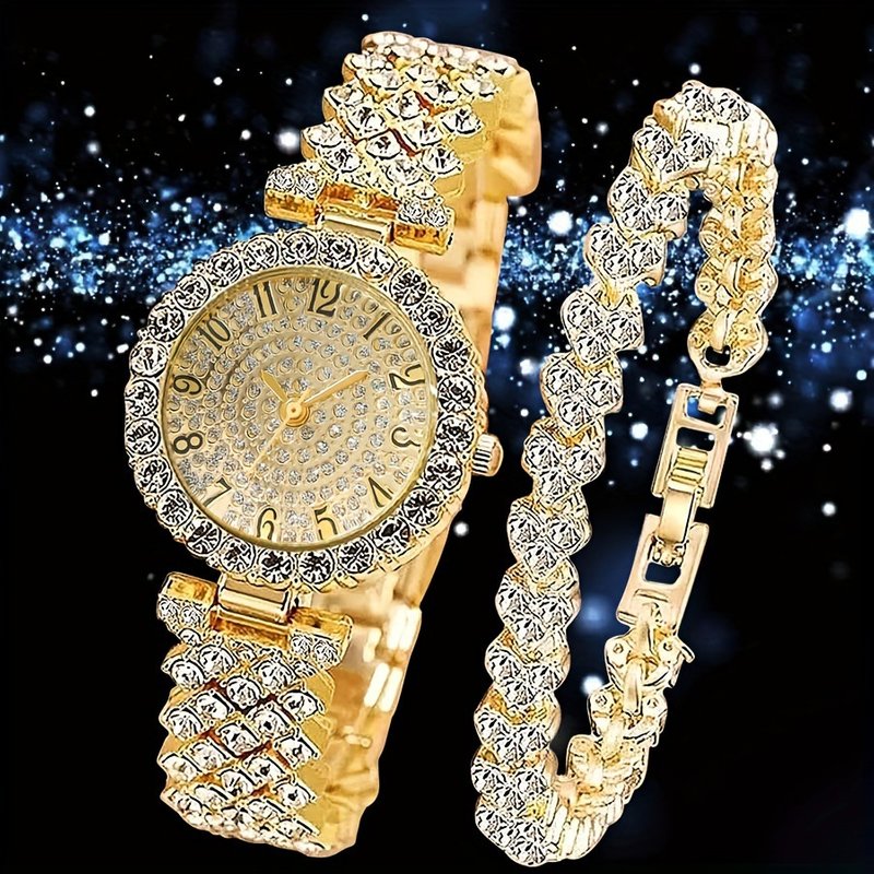 Women's Watches Watch Set Luxury Exquisite Ladies Watch Full Diamond Fashion Watches+bracelet Two-piece