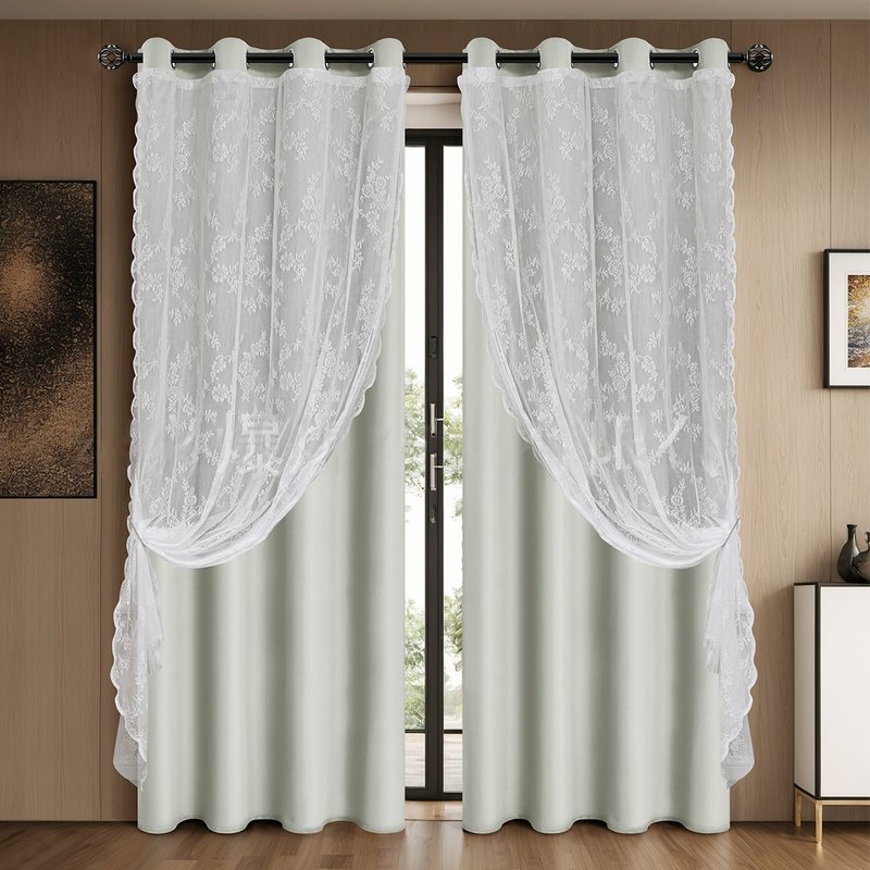 Double Layer Lace Blackout Curtains - Perforated Solid Color Window Drapes With Full Privacy Protection (Elegant Room Dividers)​