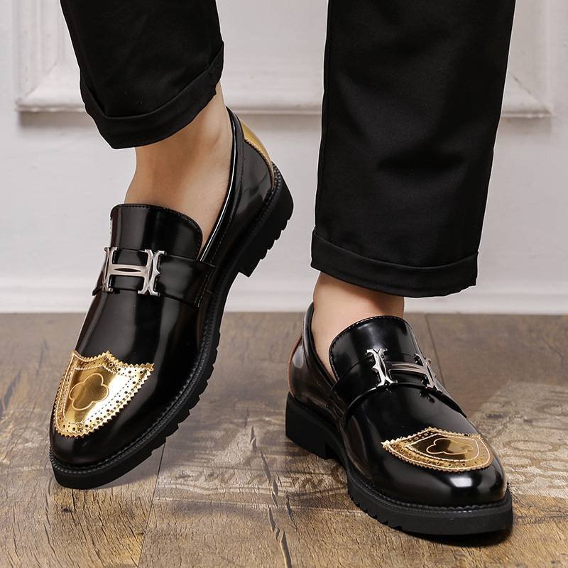 Korean-style British Fashion Pointed Casual Leather Shoes With Glossy Finish, Slip-on High Heel Sneakers For Men