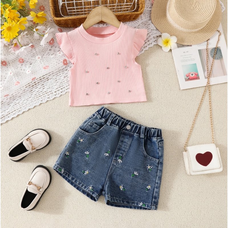 Mother & Kids New Autumn Style Girl's Long-sleeved Round Neck Waist Top And Jeans Two-piece Set