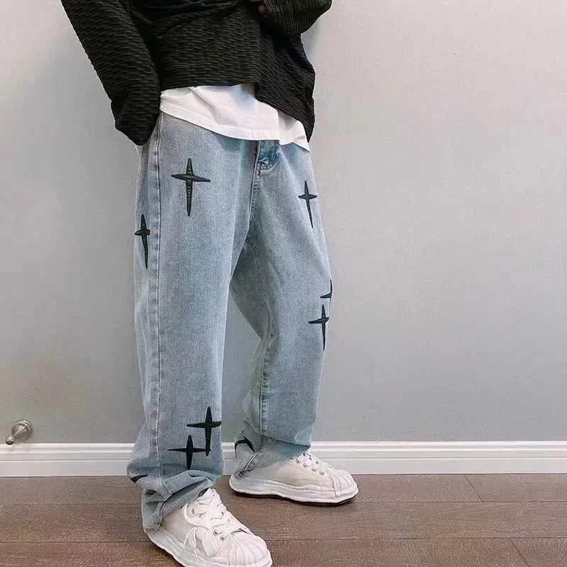 Men's 2022 Vibe Style Cross Embroidery Retro Washed Men Baggy Jeans Trousers Hip Hop Distressed Vintage Denim Pants Pans