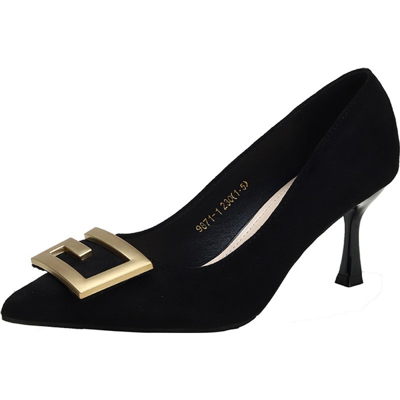 women's shoes with pointed toe buckles, black women's single shoes, spring and autumn new styles, shallow mouth temperament shoes, 5 cm and 7 cm