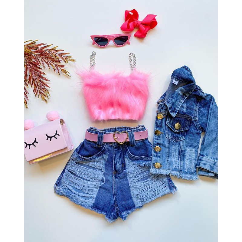 Baby Clothing Girls solid color halter top + denim ripped pant suit