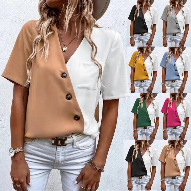 2023 Summer New Women'sV-neck Contrast Color Short Sleeve Shirt