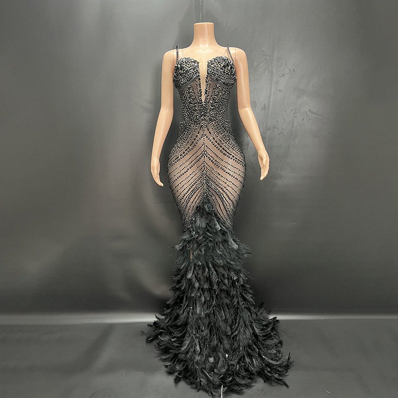 Women's Clothing Black Rhinestone Feather Dress Mesh Red Evening Dress Elegant Dress