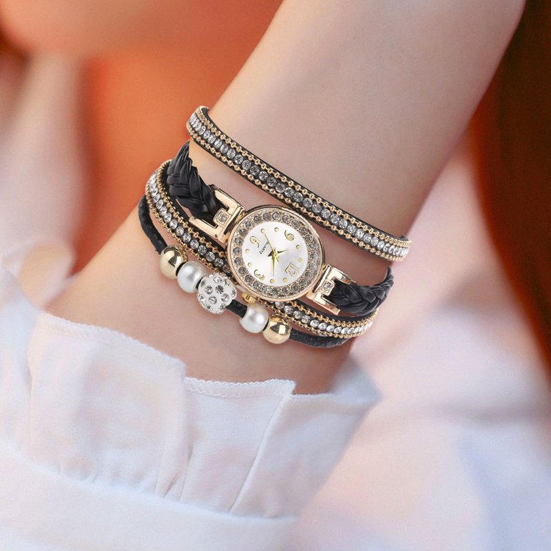 Yamaler Quartz Watch Multi Layers Wrap Around Rhinestone Braided Elegant Bracelet Watch for Daily Wear