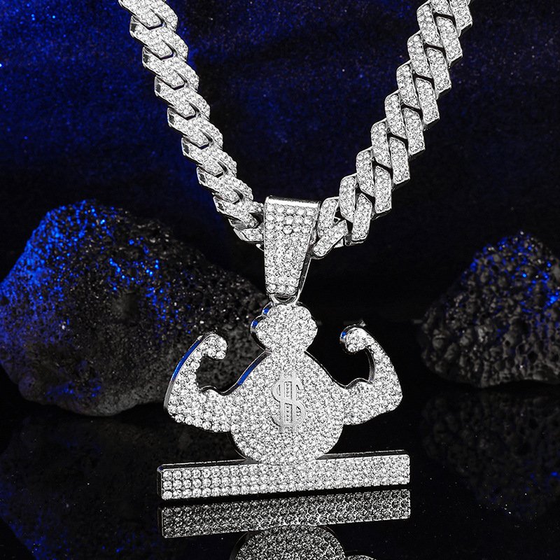 Full Diamond Muscle Money Bag Hip Hop Pendant Creative Design Exaggerates Alloy Water Diamond Cuban Chain Necklace