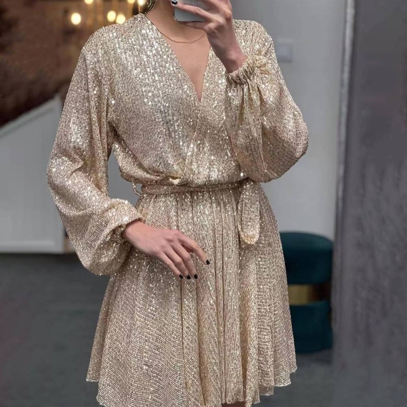 Women's Clothing GY23127 birthday party V neck sequined dress