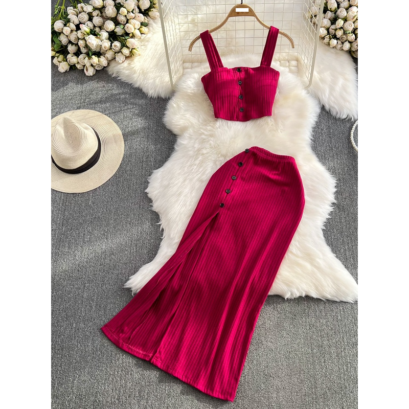 Women's fashion slimming slit wrap hip body high waist two-piece vest with chest cushion halter girly spice girl suit