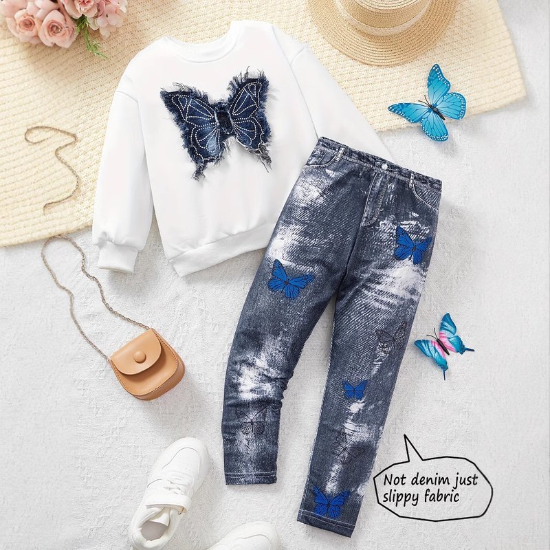 Mother & Kids INS Girls Butterfly Patch Embroidered Round Neck Sweatshirt & Denim Casual Printed Leggings Set