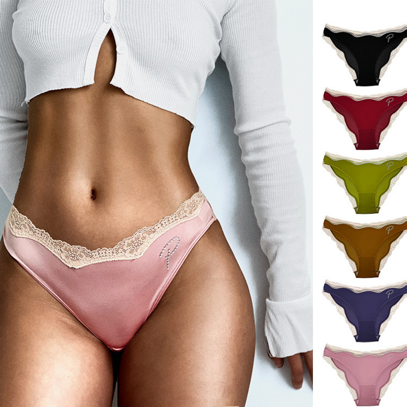 European And American Foreign Trade Sexy Ultra Thin Silky Soft Women's Briefs Low Waist Lace Stitching Underwear Letter Pure Cotton