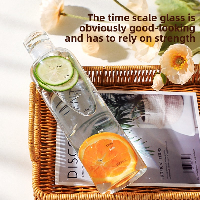 Time Marked Borosilicate Glass Water Bottle - Motivational Hourly Tracker With Measurement Lines For Students