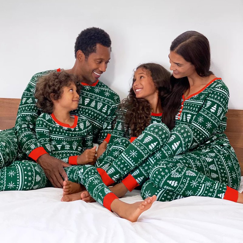 Christmas Family Decoration Christmas Tree Print Patchwork Color Contrast Home Clothing Pajamas Set