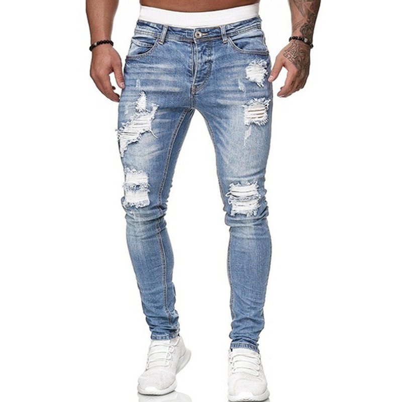 Man's clothing Men ripped white stretch tight denim trousers small foot trousers men