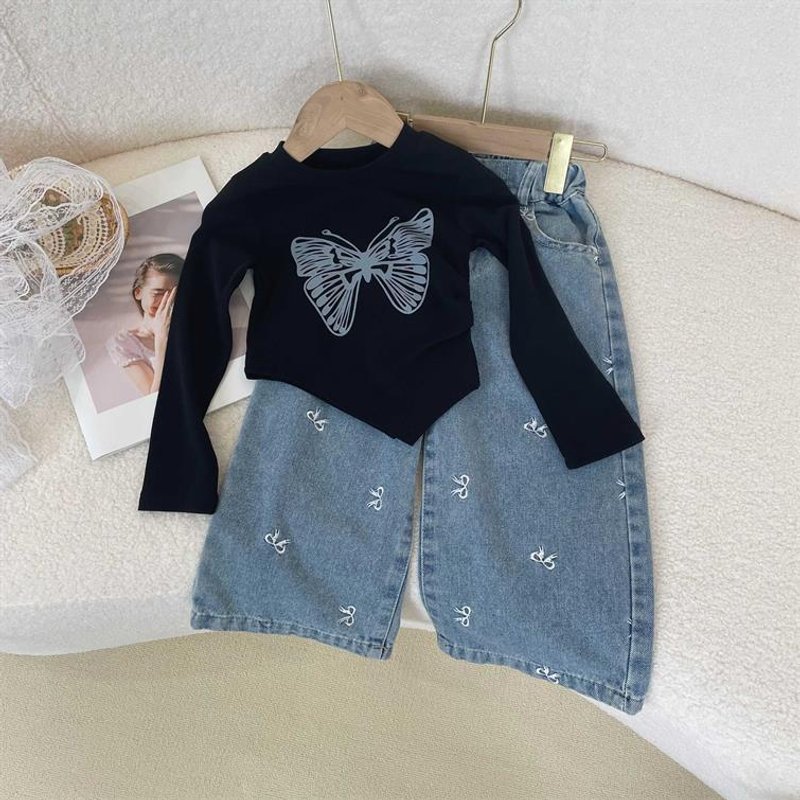 Mother & Kids Girls Spring And Autumn Fashion Butterfly Long Sleeve T Shirt + Bow Jeans Two Piece Set