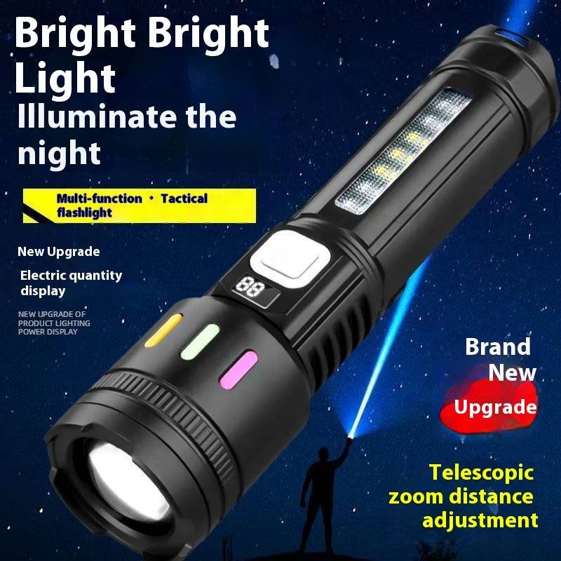Tactical LED Flashlight With Fluorescent Strips - 1500 Lumens, Zoomable Focus, Long Battery Life & Digital Display, Durable Plastic Body For Camping