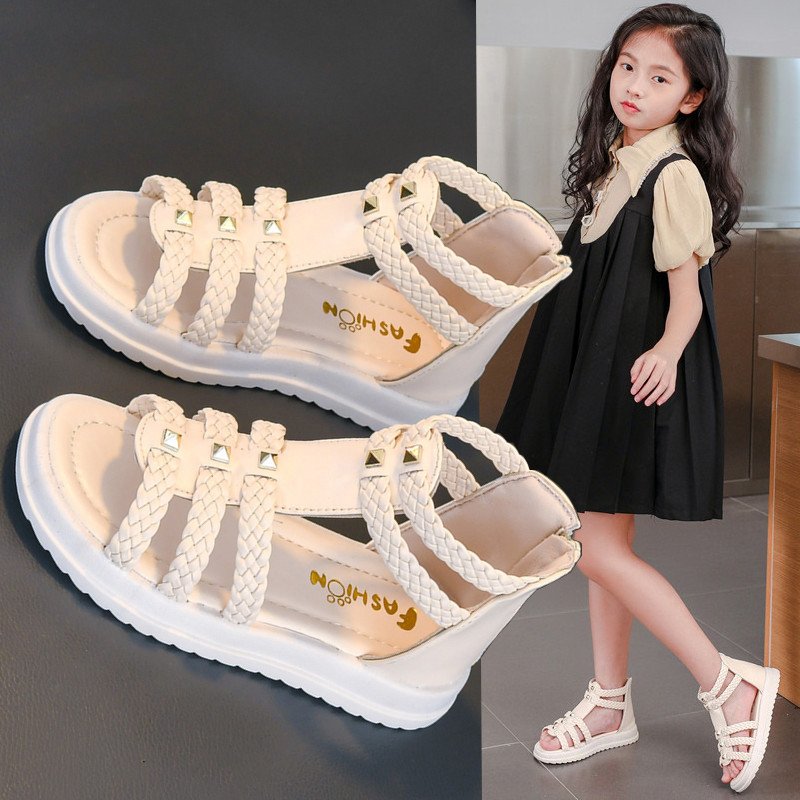 XUANMU Girls Roman Sandals Open Toe Braided Solid Color High-top Simple Rivets New Summer Hollow Flat Casual Shoes Kids Fashion Casual Z0107