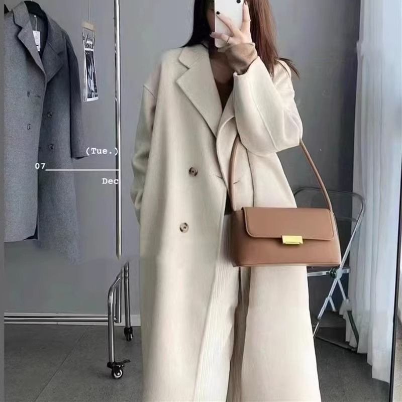 Women's Long Wool Coat - Knee-Length Trench Style With Belt, Slim Fit Fall Winter Overcoat In Beige/Pink/Grey (S-2XL)