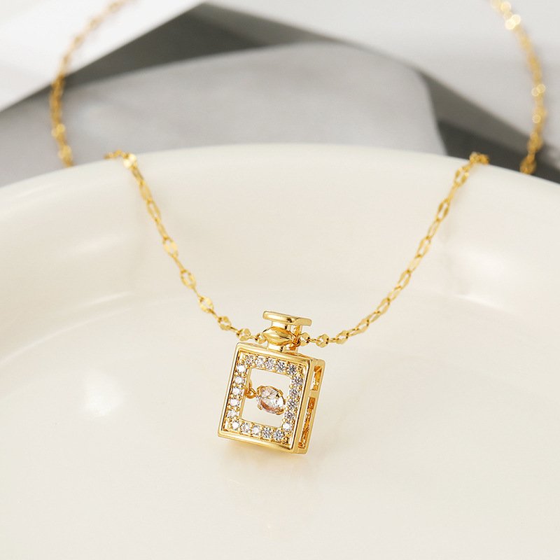 Fashion Perfume Bottle Pendant Titanium Steel Necklace Korean Trend Zircon Luxury Female Necklace Charm Jewelry Gift