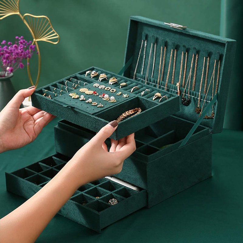 Jewelry Organizer Box, Jewelry Box 3-Tier Jewelry Display Case And Organizer,Lockable Jewelry Box,Varying Compartments For Necklaces, Bracelets, Rings