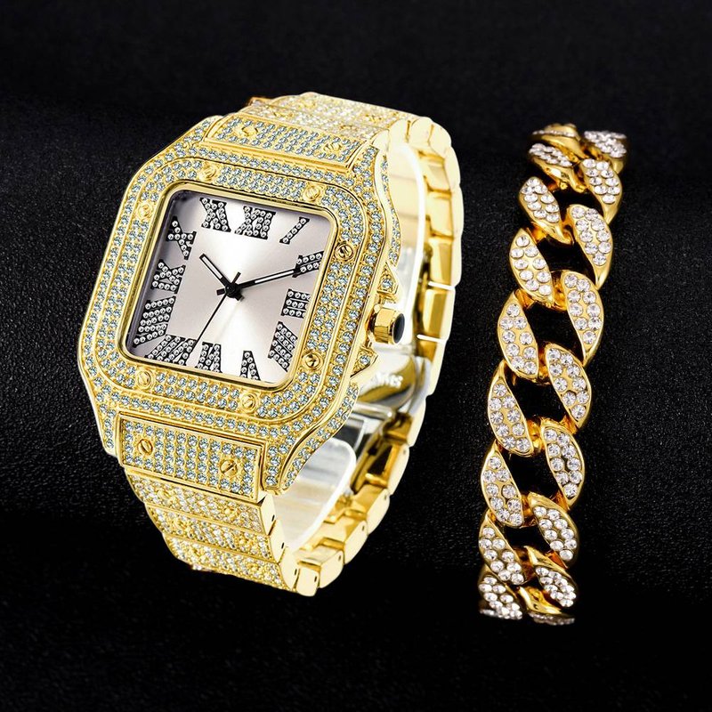 Men's Watches Men's Fashion Luxury Hip Hop Square Diamond Set Steel Band Quartz Watch + Oval Hip Hop Diamond Set Bracelet