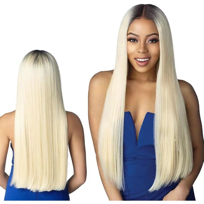 wig women's brown gradient golden middle part bangs long straight hair high temperature silk headgear wig spot