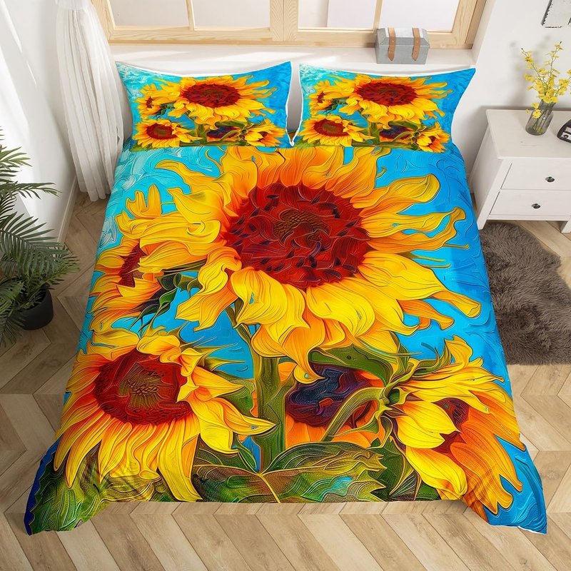 Sunflower Quilt Cover,Oil Painting Floral Duvet Cover Cot For Kids Boys Girls,Garden Floral Bedding Set,Countryside Bed Set With Bedroom Decor