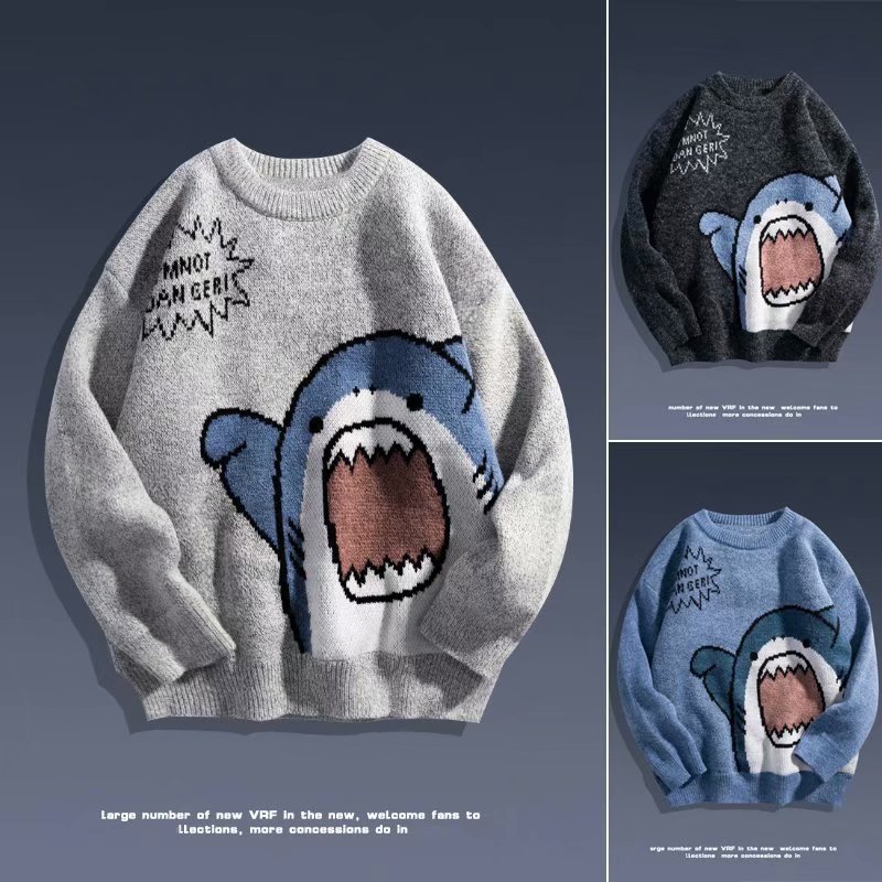 Men's Clothing Autumn and Winter cartoon shark round neck couple sweater men's fashion brand loose style knitwear style ins top