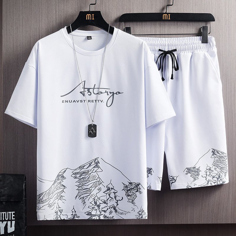 Men's Casual Fashion Suits Snow Mountain Trend Loose Short-Sleeved Shorts Two-Piece Sports Suit