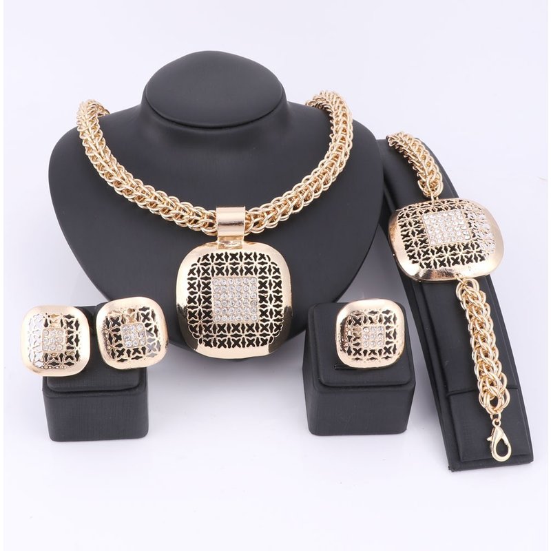 Fashion African Beads Jewelry Set Exquisite Dubai Gold Color Square Crystal Nigerian Wedding Bridal Bijoux