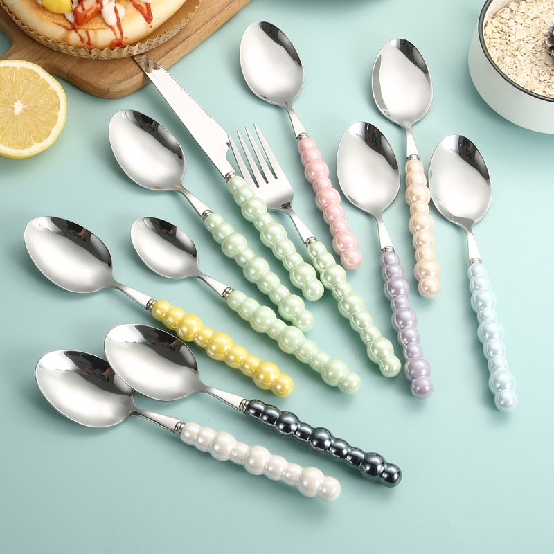 304 stainless steel pearl knife, fork, spoon, ceramic handle, Western tableware set, creative high aesthetic value, light luxury dessert spoon