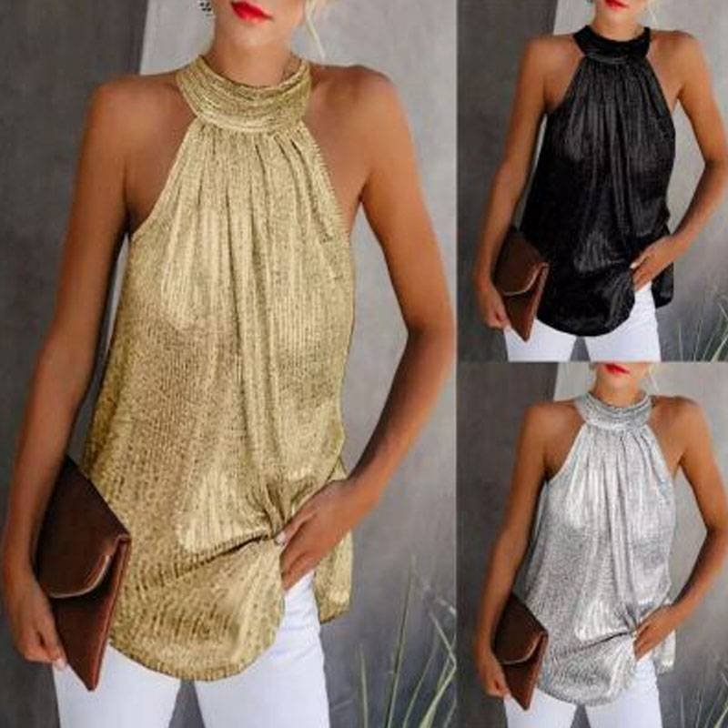 Women's clothing double silver halter neck zipper sleeveless T-shirt casual top