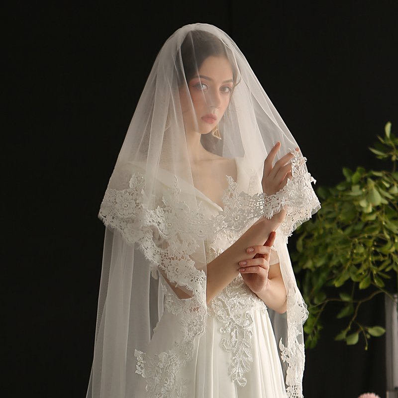 Unisex High-grade lace bridal veil white long train church trip wedding veil veil headwear