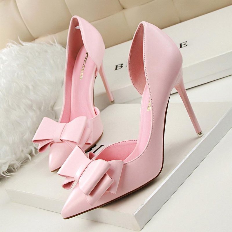 Bigtree Fashion Sweet Bow High Heels Fine Heel 10.5cm High Heel Shallow Mouth Pointed Side Hollow Single Shoes
