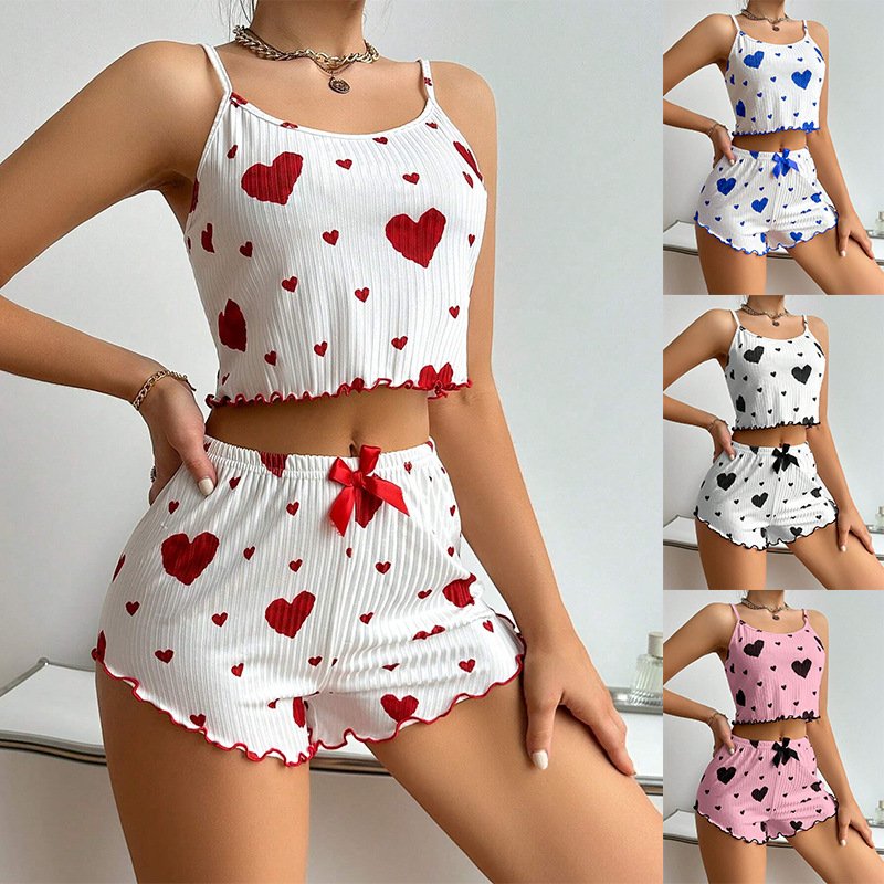 Women's Loungewear Two-piece Pajama Set, Love Printing, Suspender Shorts, Casual Women's Pajamas