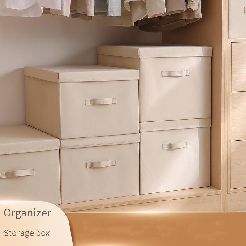 Fabric Storage Bins With Lids - Set Of 3 Decorative Closet Organizers For Clothes Foldable Shelf Baskets Beige