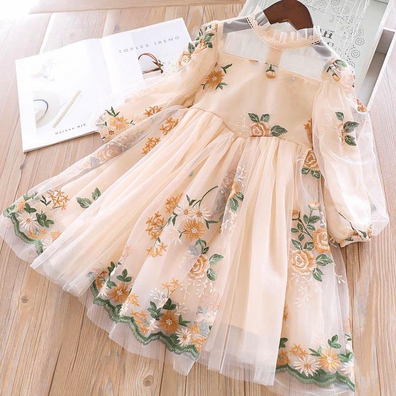 2023 Girls' Long Korean Version Flower Embroidery Princess Dress Bubble Sleeve Palace Style Round Neck Girl
