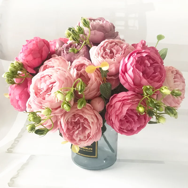 30cm Rose Pink Silk Peony Artificial Flowers Bouquet 5 Big Head And 4 Bud Cheap Flowers For Home Wedding Decoration Indoor
