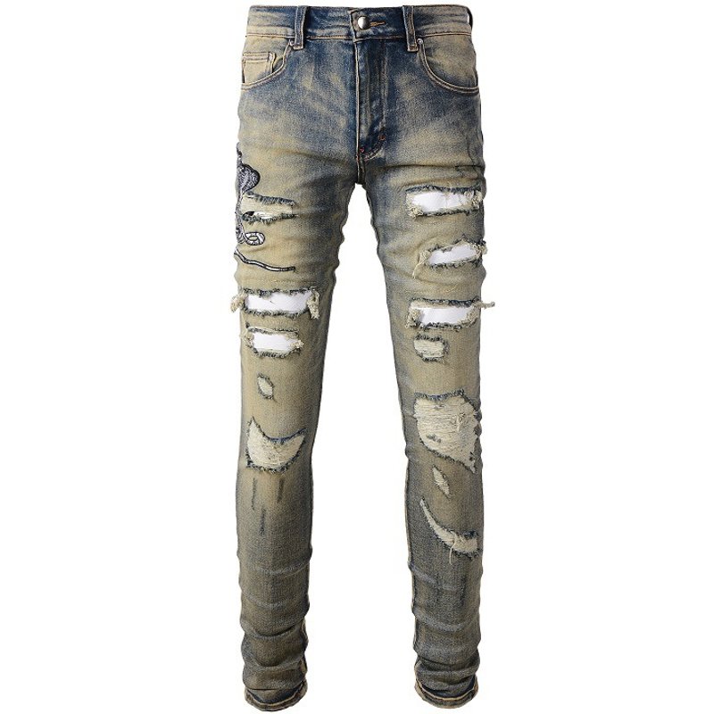 Men's Clothing high street embroidered men's jeans, ripped jeans, nostalgic retro scraped denim pants #6611