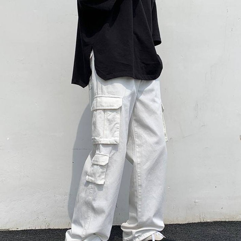 Men's Clothing Cotton White Loose Multi Pocket Functional Style Casual Work Pants